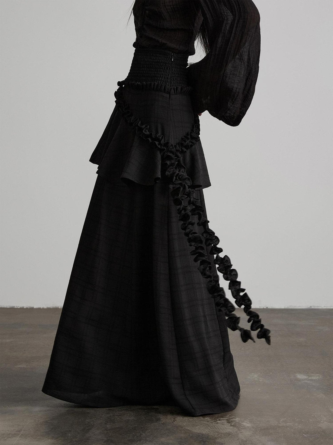 INDULGE Shape Retaining Lined Casual A Line Ruffle Mid Waist Polyester Black Maxi Skirts