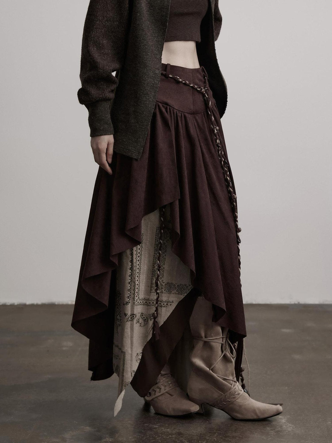 INDULGE Shape Retaining Lined Dark Gothic Asymmetric Mid Rise Polyester Maxi Skirts