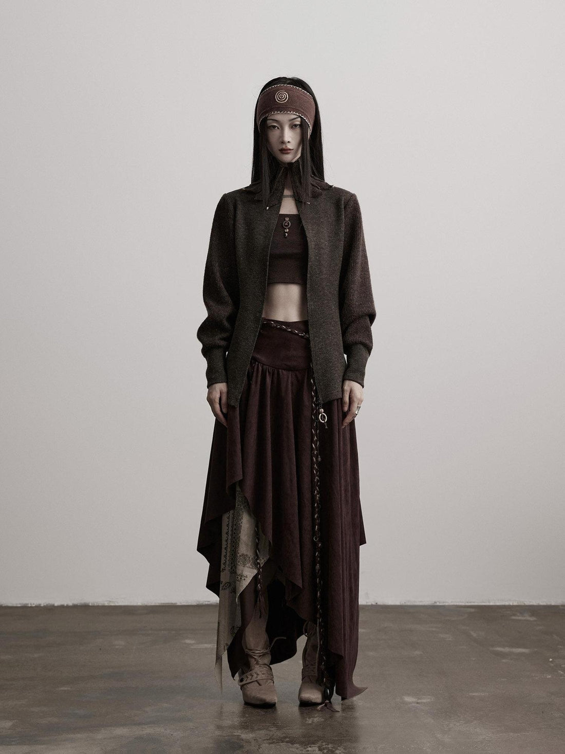 INDULGE Shape Retaining Lined Dark Gothic Asymmetric Mid Rise Polyester Maxi Skirts
