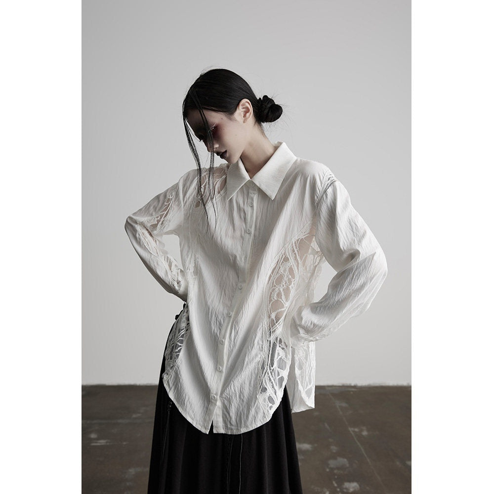 INDULGE Shape Retaining Polo Collar Straight Fit Women White Cotton Lace Blouses