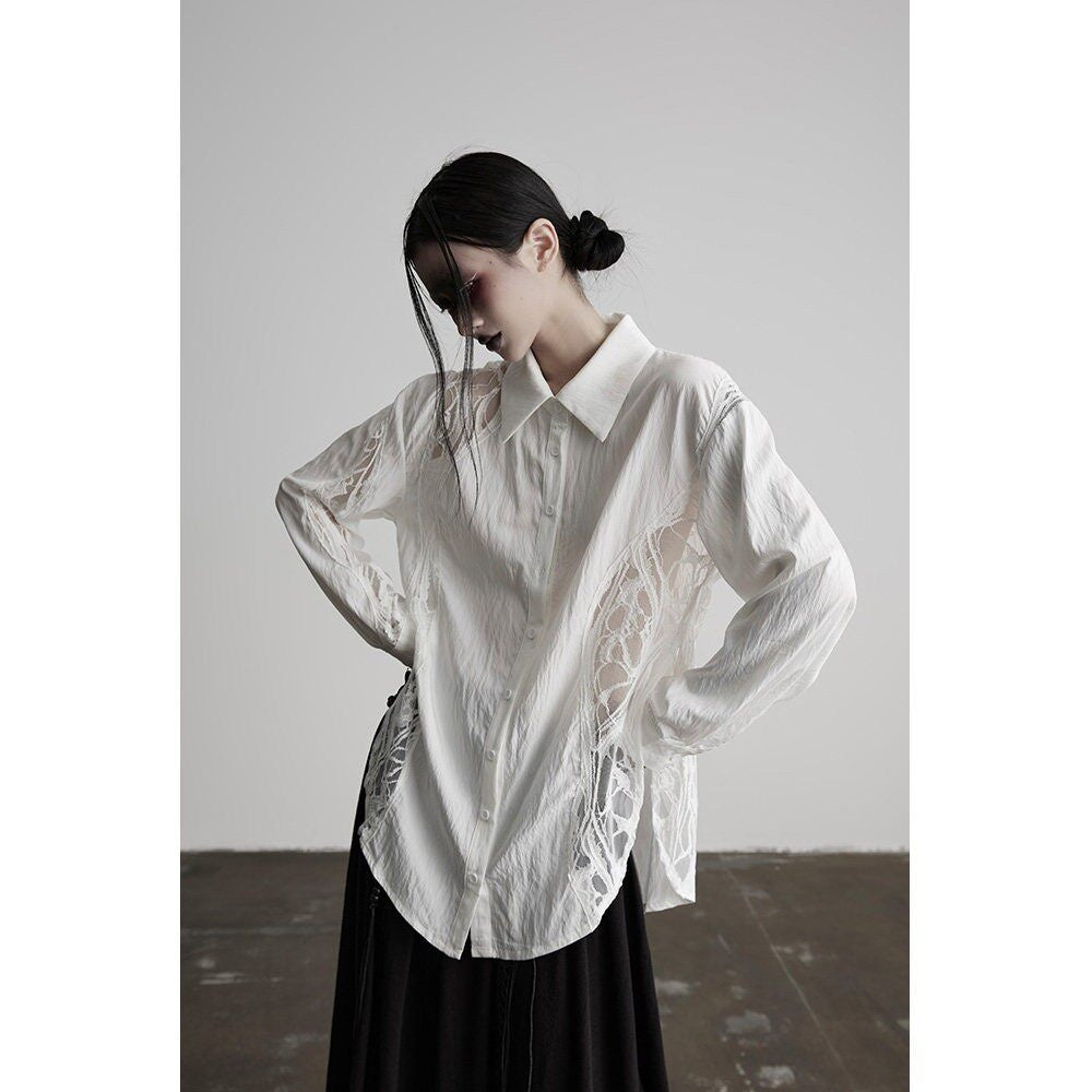 INDULGE Shape Retaining Polo Collar Straight Fit Women White Cotton Lace Blouses