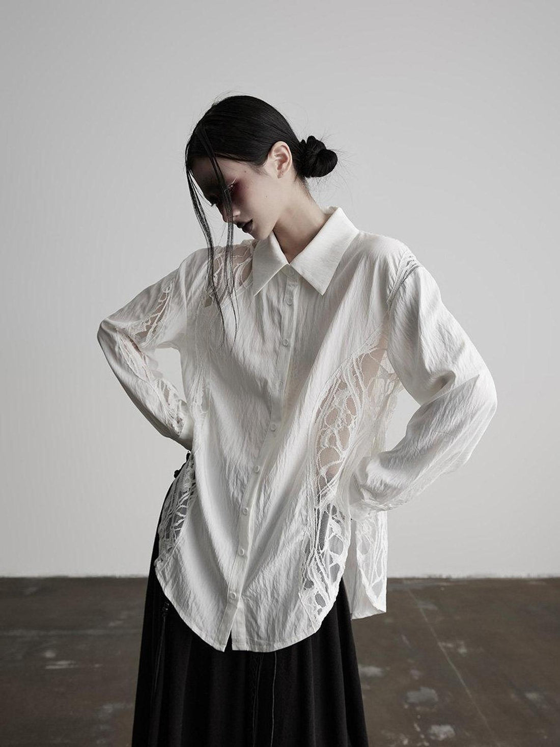 INDULGE Shape Retaining Polo Collar Straight Fit Women White Cotton Lace Blouses