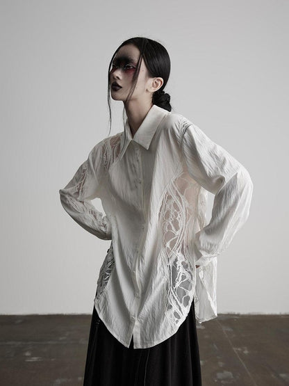 INDULGE Shape Retaining Polo Collar Straight Fit Women White Cotton Lace Blouses