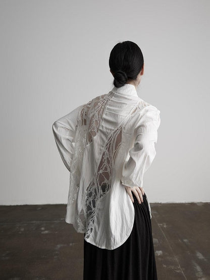 INDULGE Shape Retaining Polo Collar Straight Fit Women White Cotton Lace Blouses