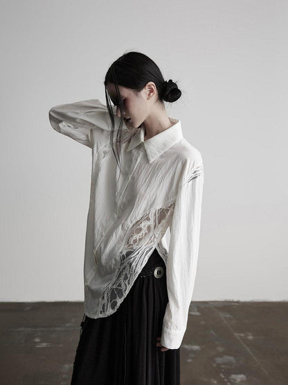 INDULGE Shape Retaining Polo Collar Straight Fit Women White Cotton Lace Blouses