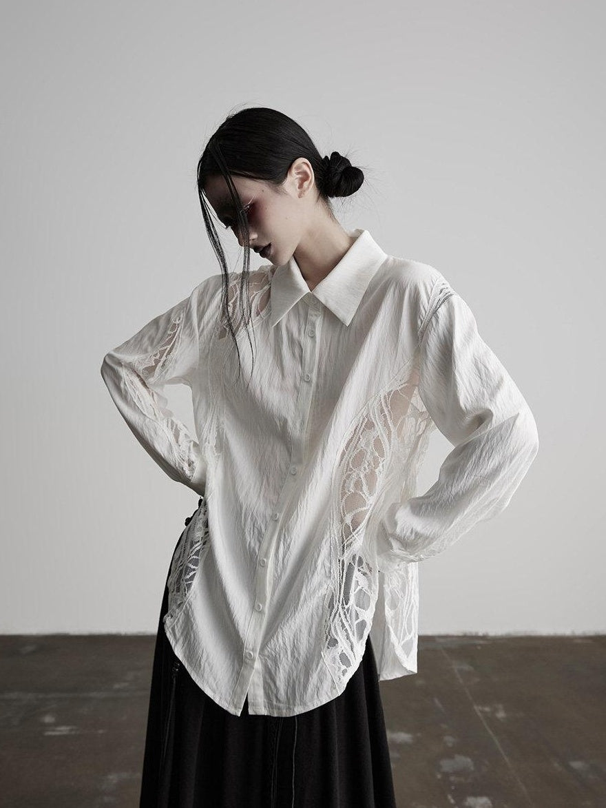 INDULGE Shape Retaining Polo Collar Straight Fit Women White Cotton Lace Blouses