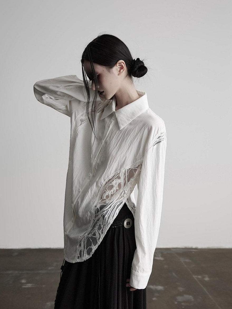 INDULGE Shape Retaining Polo Collar Straight Fit Women White Cotton Lace Blouses