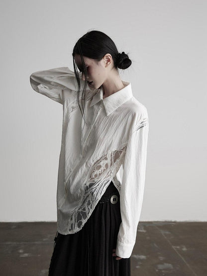 INDULGE Shape Retaining Polo Collar Straight Fit Women White Cotton Lace Blouses