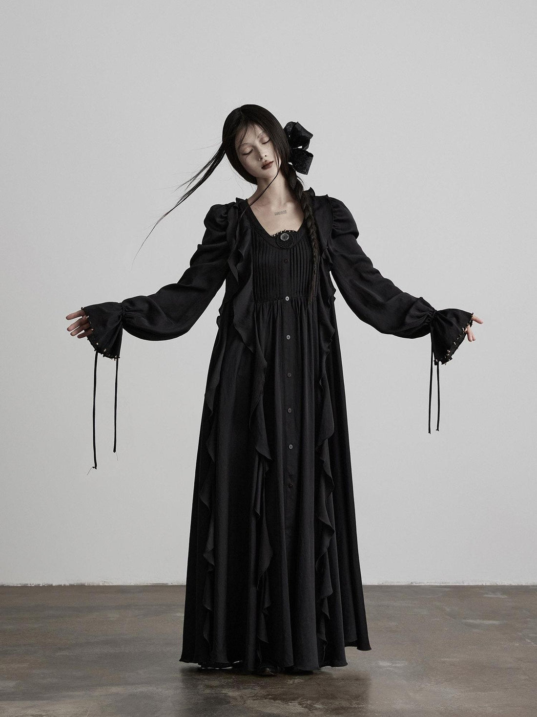 INDULGE Shape Retaining Recycled Blend Loose Flared Long Sleeve Black Shirt Maxi Dresses