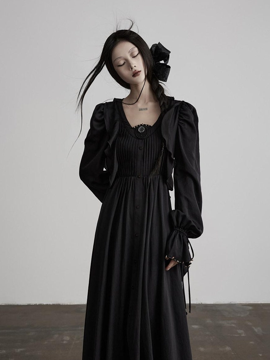 INDULGE Shape Retaining Recycled Blend Loose Flared Long Sleeve Black Shirt Maxi Dresses
