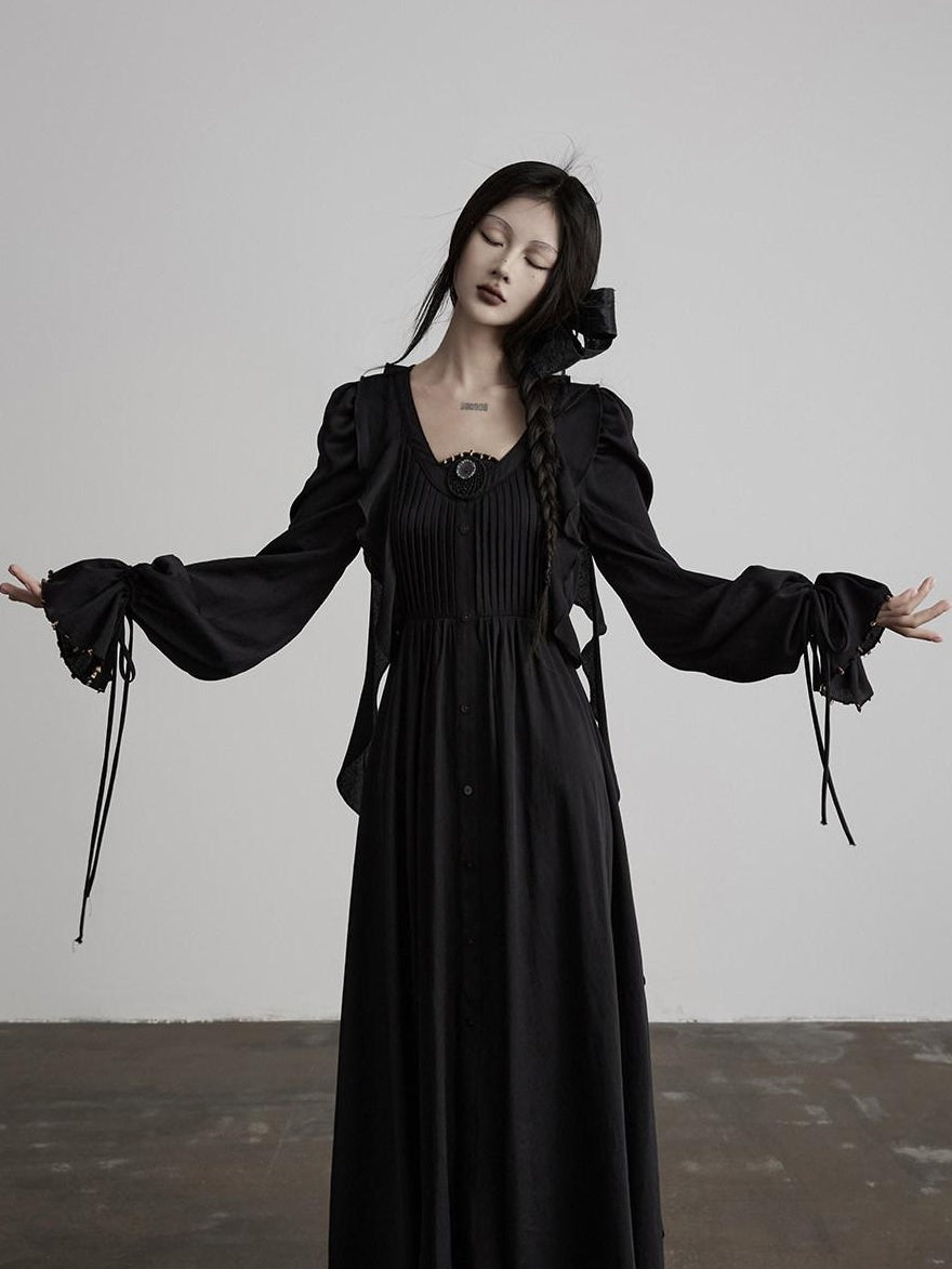 INDULGE Shape Retaining Recycled Blend Loose Flared Long Sleeve Black Shirt Maxi Dresses