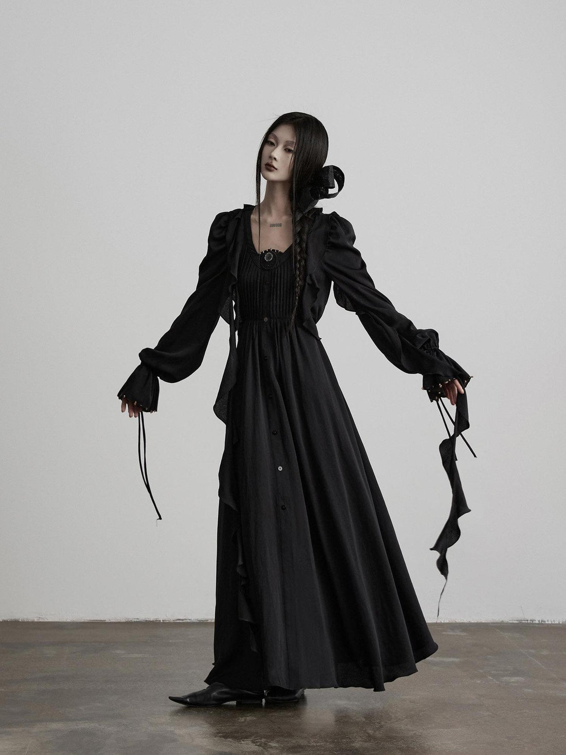 INDULGE Shape Retaining Recycled Blend Loose Flared Long Sleeve Black Shirt Maxi Dresses