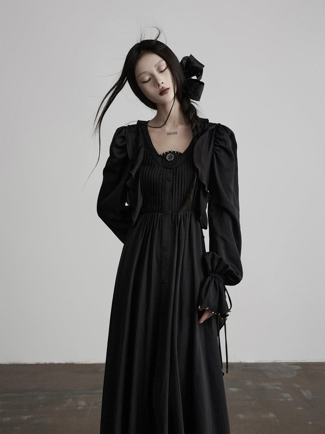 INDULGE Shape Retaining Recycled Blend Loose Flared Long Sleeve Black Shirt Maxi Dresses