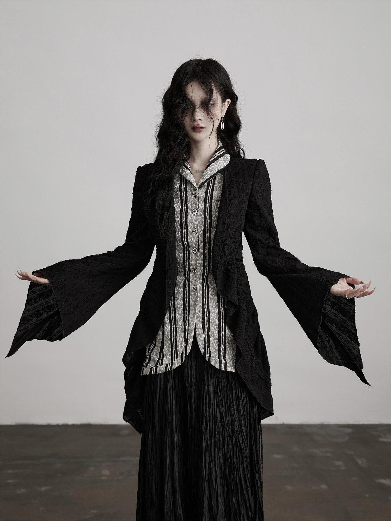INDULGE Shape Retaining Relaxed Faux Two Piece Cardigan Women Striped Black Blouses