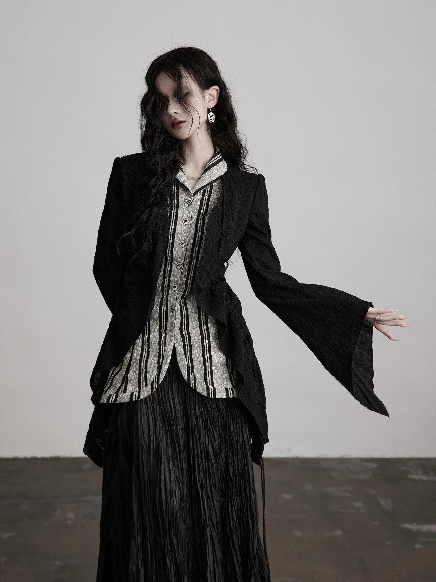 INDULGE Shape Retaining Relaxed Faux Two Piece Cardigan Women Striped Black Blouses