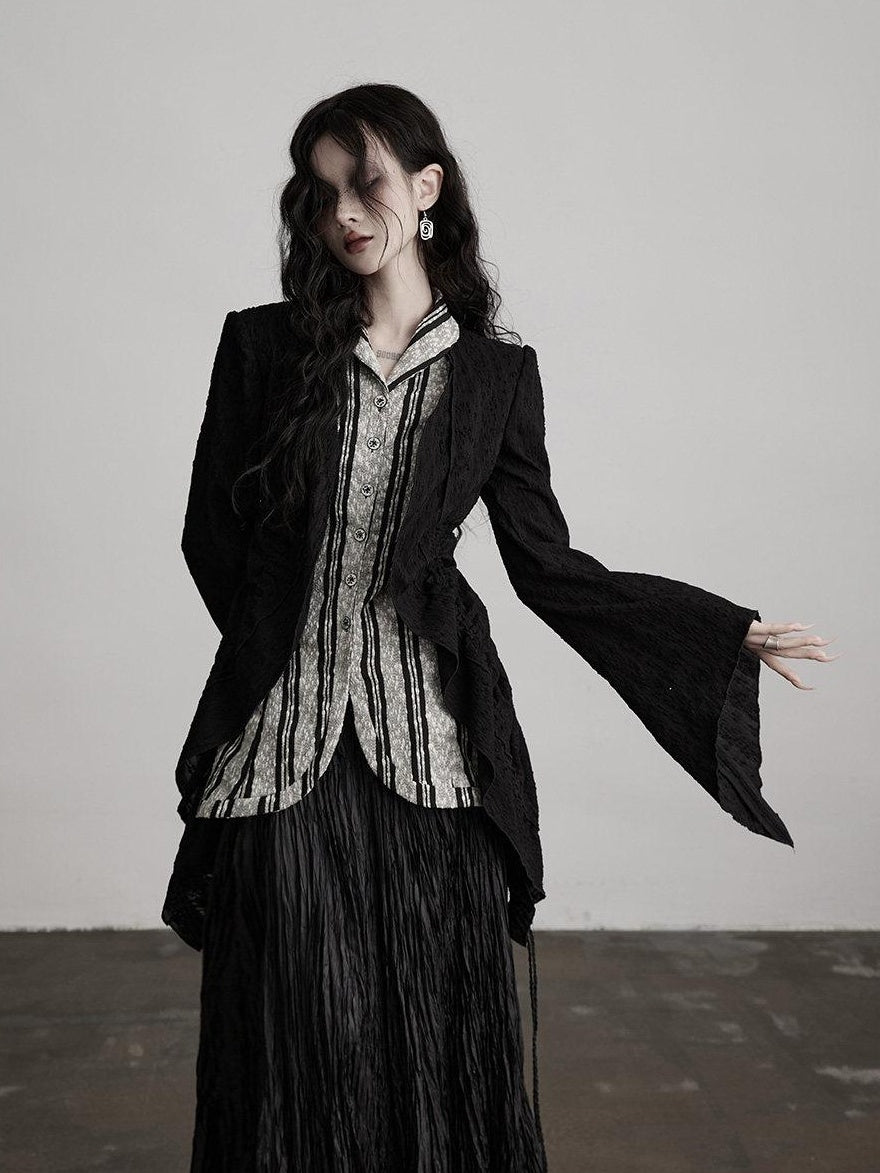 INDULGE Shape Retaining Relaxed Faux Two Piece Cardigan Women Striped Black Blouses