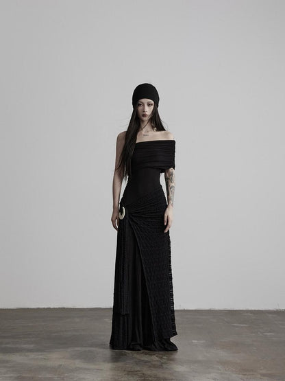 INDULGE Shape Retaining Slim A Line Lyocell Wool Black Women Strapless Maxi Dresses