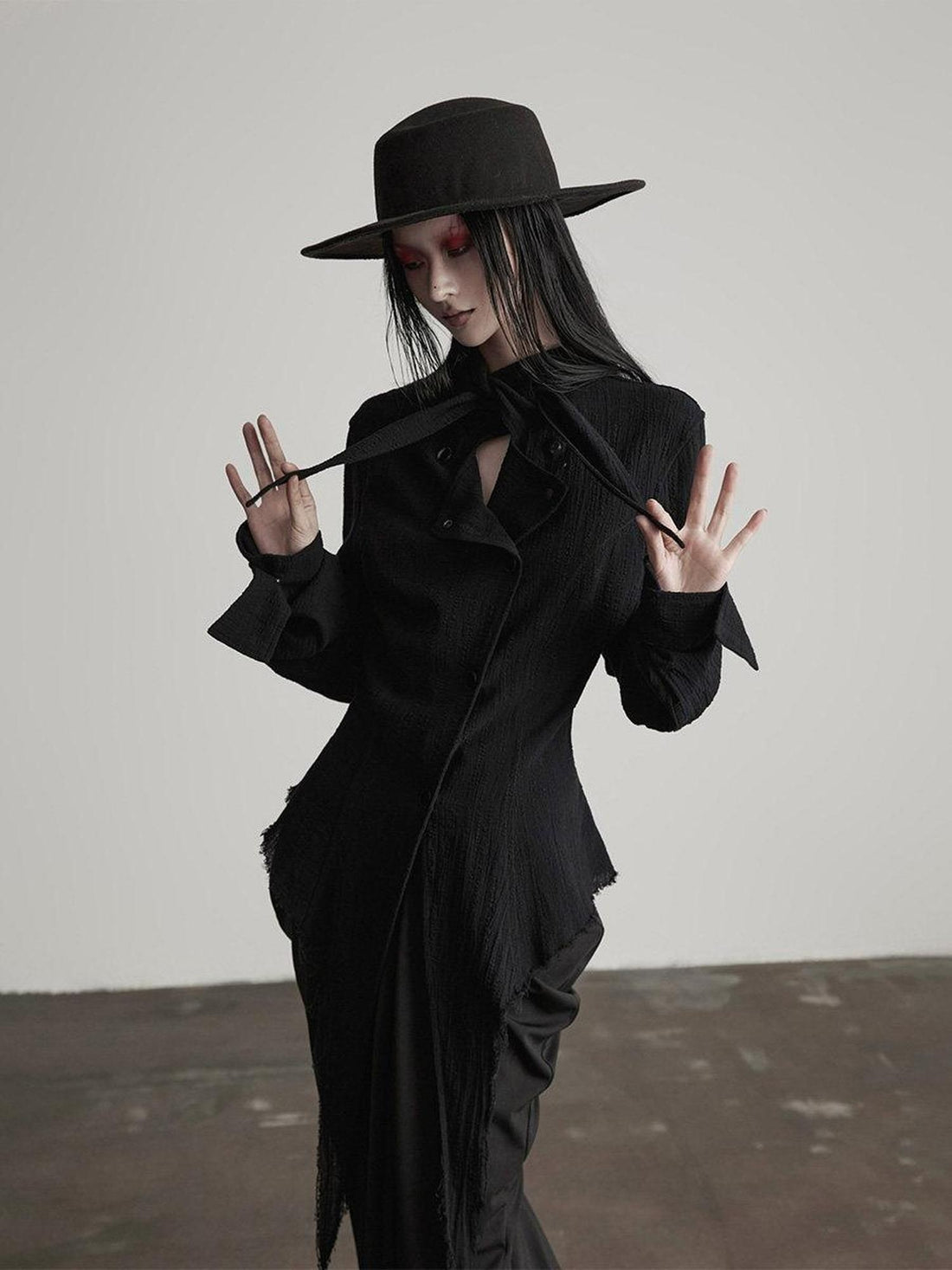 INDULGE Shape Retaining Slim Dark Gothic Cotton Crew Long Sleeve Women Black Blouses