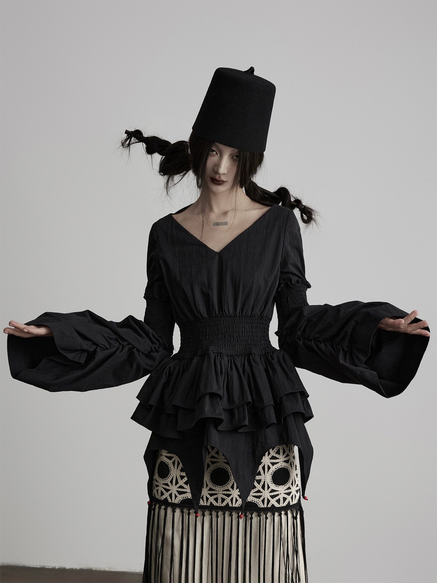 INDULGE Shape Retaining V-neck Fitted Cotton Long Sleeve Women Black Puff-Sleeve Blouses