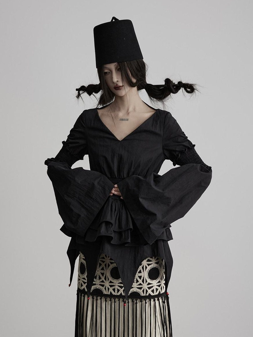 INDULGE Shape Retaining V-neck Fitted Cotton Long Sleeve Women Black Puff-Sleeve Blouses