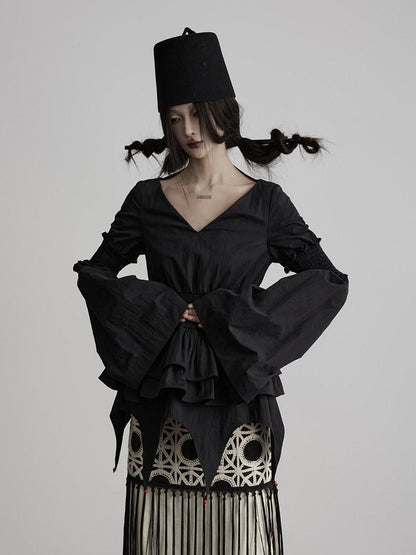 INDULGE Shape Retaining V-neck Fitted Cotton Long Sleeve Women Black Puff-Sleeve Blouses