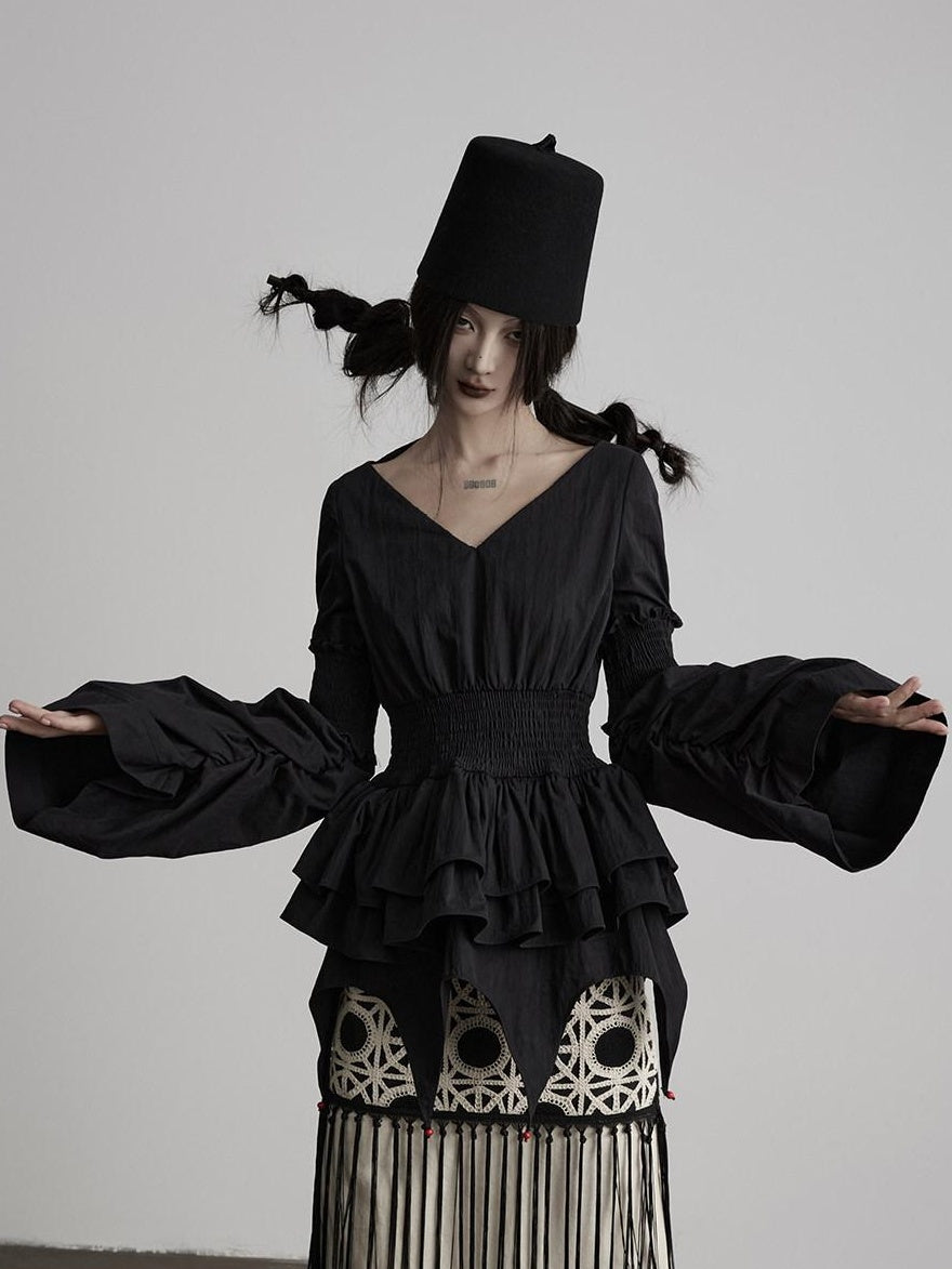 INDULGE Shape Retaining V-neck Fitted Cotton Long Sleeve Women Black Puff-Sleeve Blouses