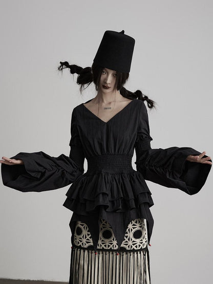 INDULGE Shape Retaining V-neck Fitted Cotton Long Sleeve Women Black Puff-Sleeve Blouses