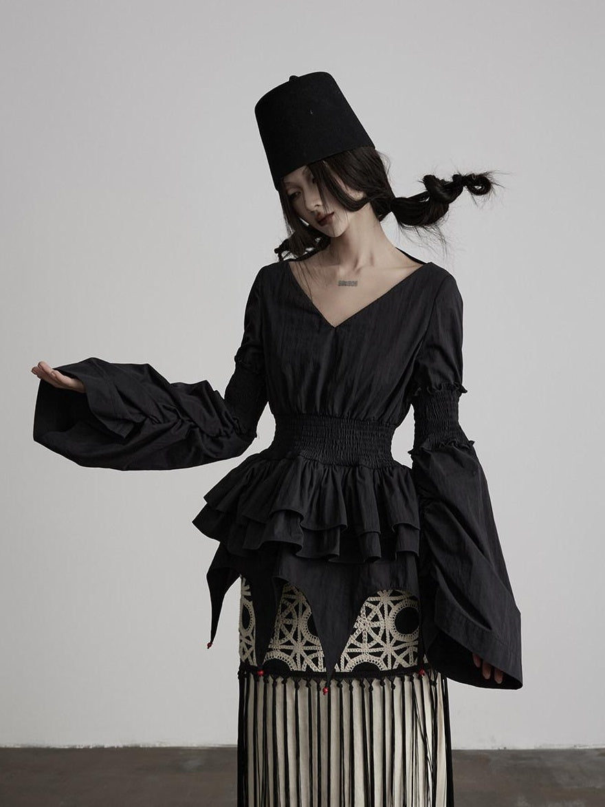 INDULGE Shape Retaining V-neck Fitted Cotton Long Sleeve Women Black Puff-Sleeve Blouses