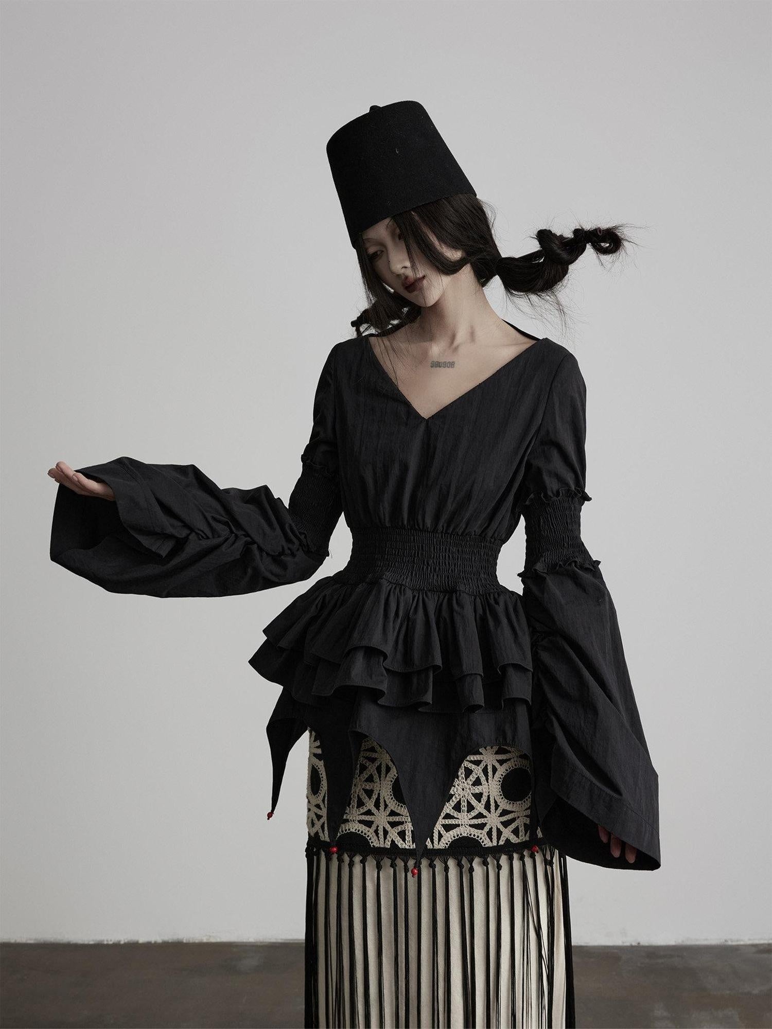 INDULGE Shape Retaining V-neck Fitted Cotton Long Sleeve Women Black Puff-Sleeve Blouses
