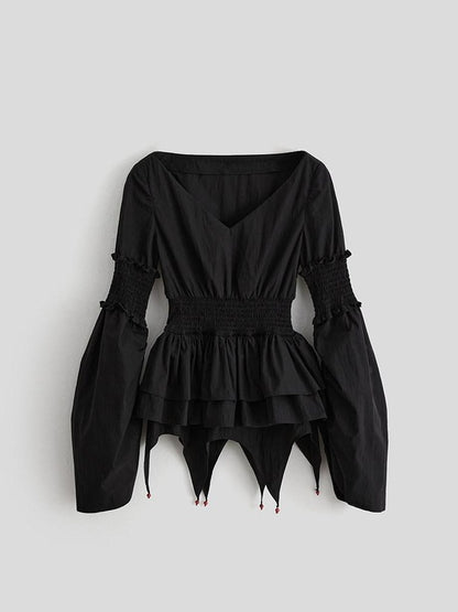 INDULGE Shape Retaining V-neck Fitted Cotton Long Sleeve Women Black Puff-Sleeve Blouses