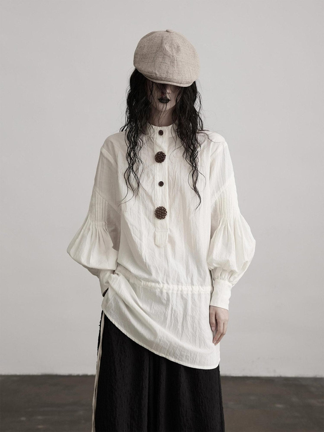 INDULGE Shape Retaining Vintage Loose Drawstring Women Tencel Cotton Puff-Sleeve Blouses