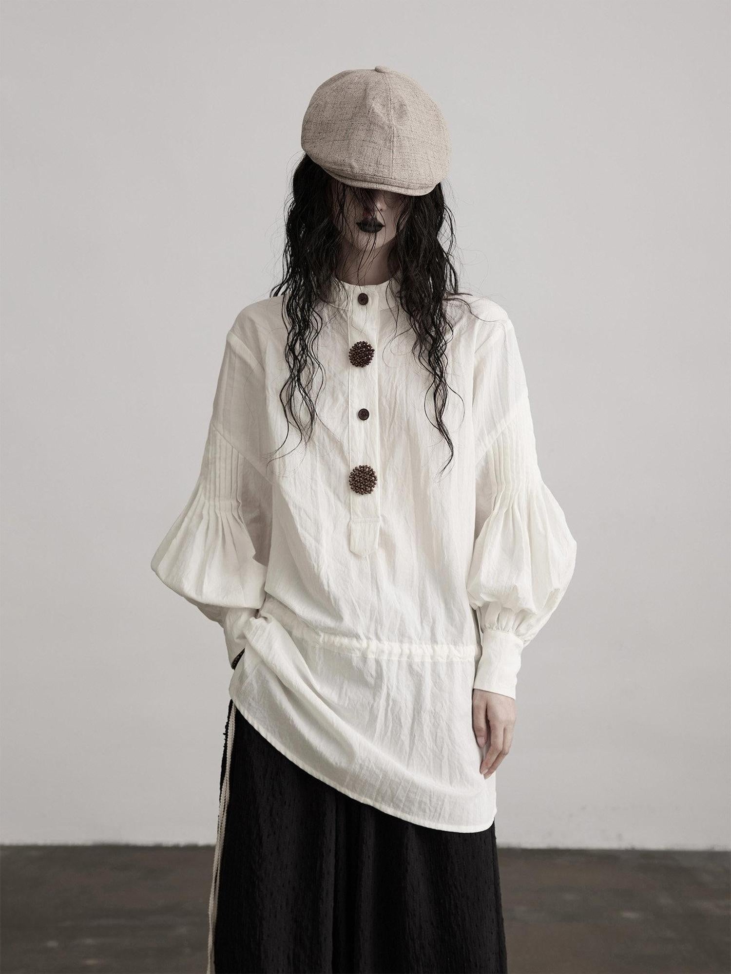INDULGE Shape Retaining Vintage Loose Drawstring Women Tencel Cotton Puff-Sleeve Blouses