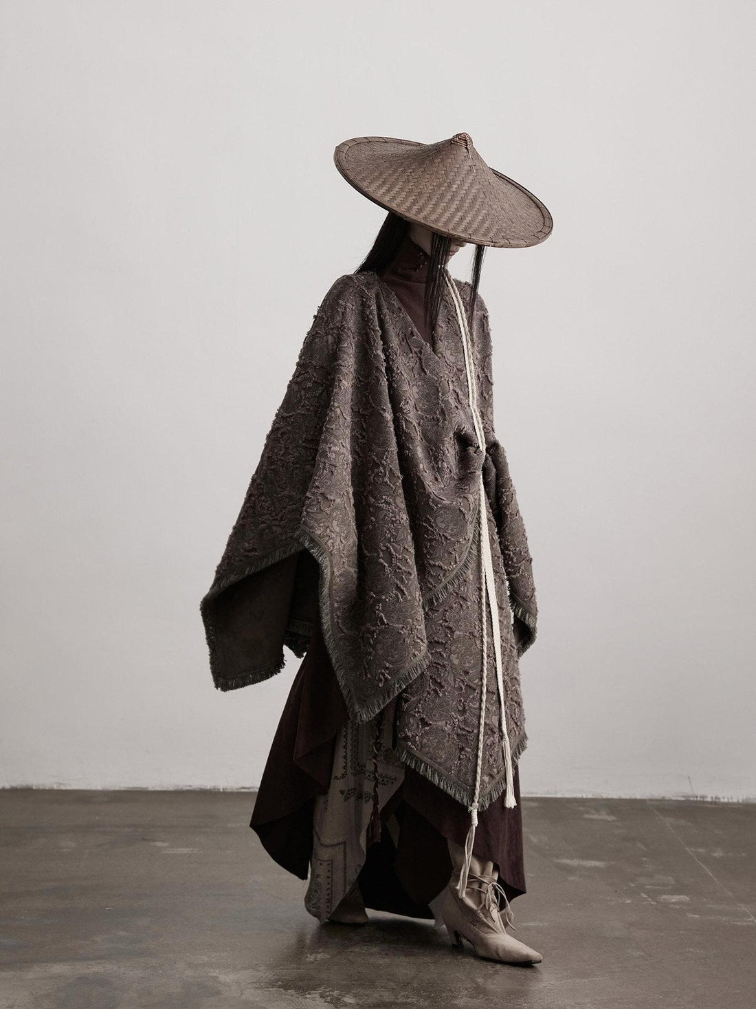 INDULGE Shape Retaining Wuxia Loose V-neck Mid Length Gray Recycled Viscose Cape Coats