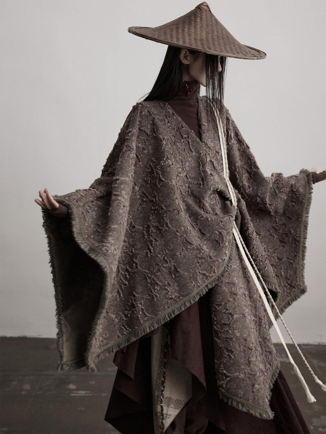 INDULGE Shape Retaining Wuxia Loose V-neck Mid Length Gray Recycled Viscose Cape Coats