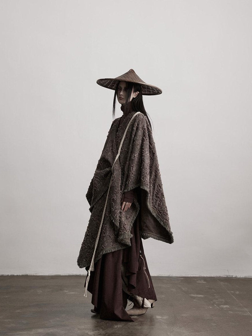 INDULGE Shape Retaining Wuxia Loose V-neck Mid Length Gray Recycled Viscose Cape Coats