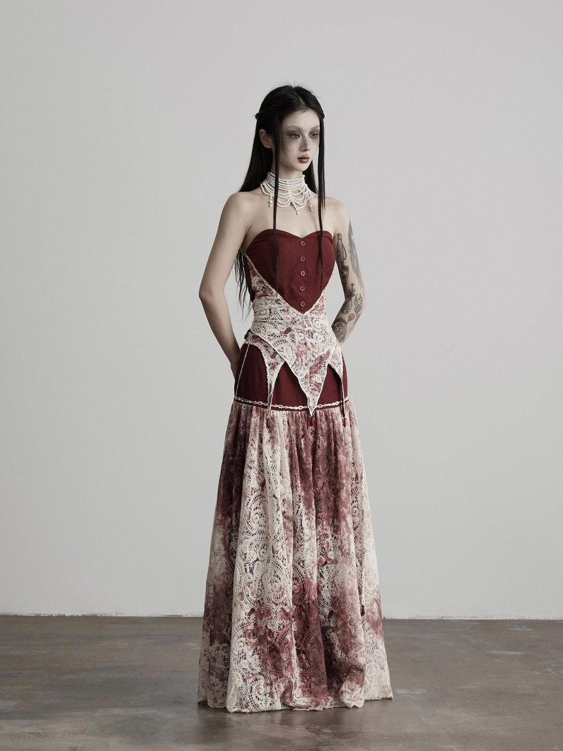 INDULGE Shape Retention Casual A Line Patchwork Lace Mid Rise Cotton Nylon Maxi Skirts