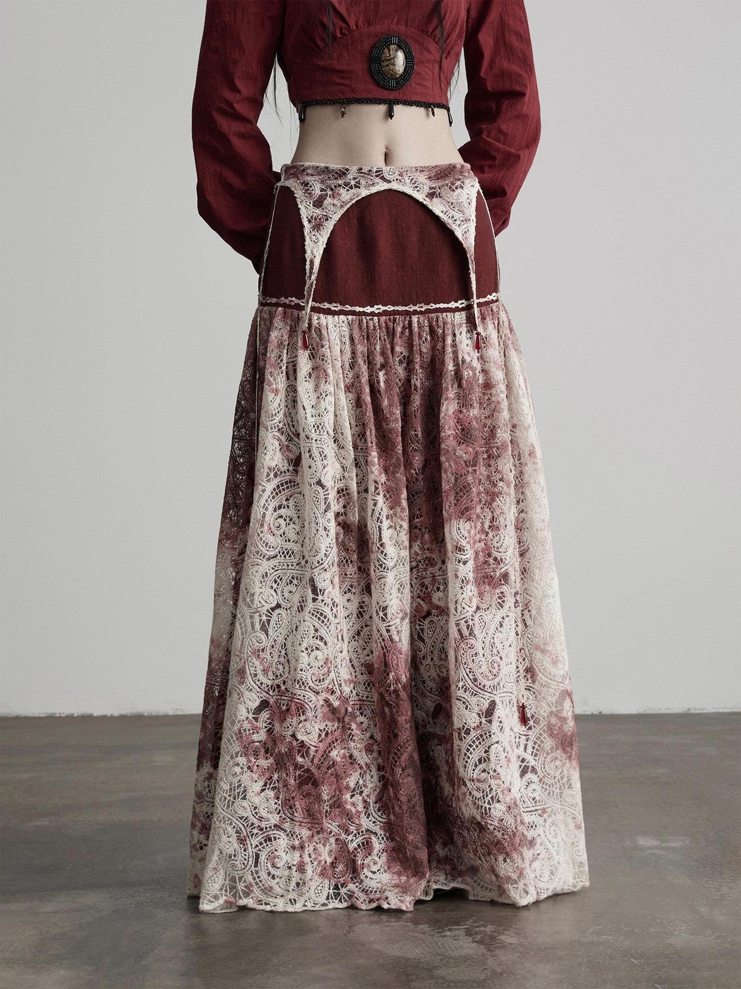 INDULGE Shape Retention Casual A Line Patchwork Lace Mid Rise Cotton Nylon Maxi Skirts