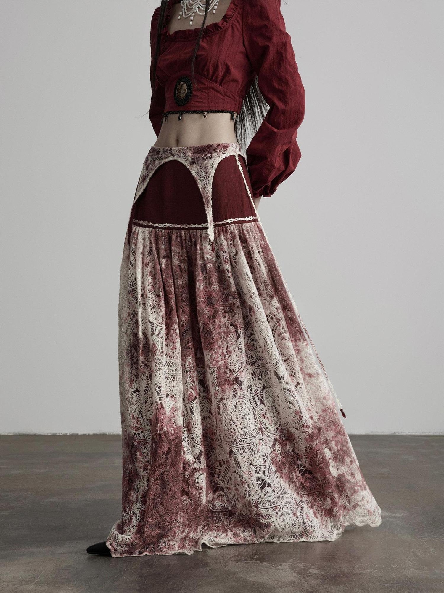 INDULGE Shape Retention Casual A Line Patchwork Lace Mid Rise Cotton Nylon Maxi Skirts