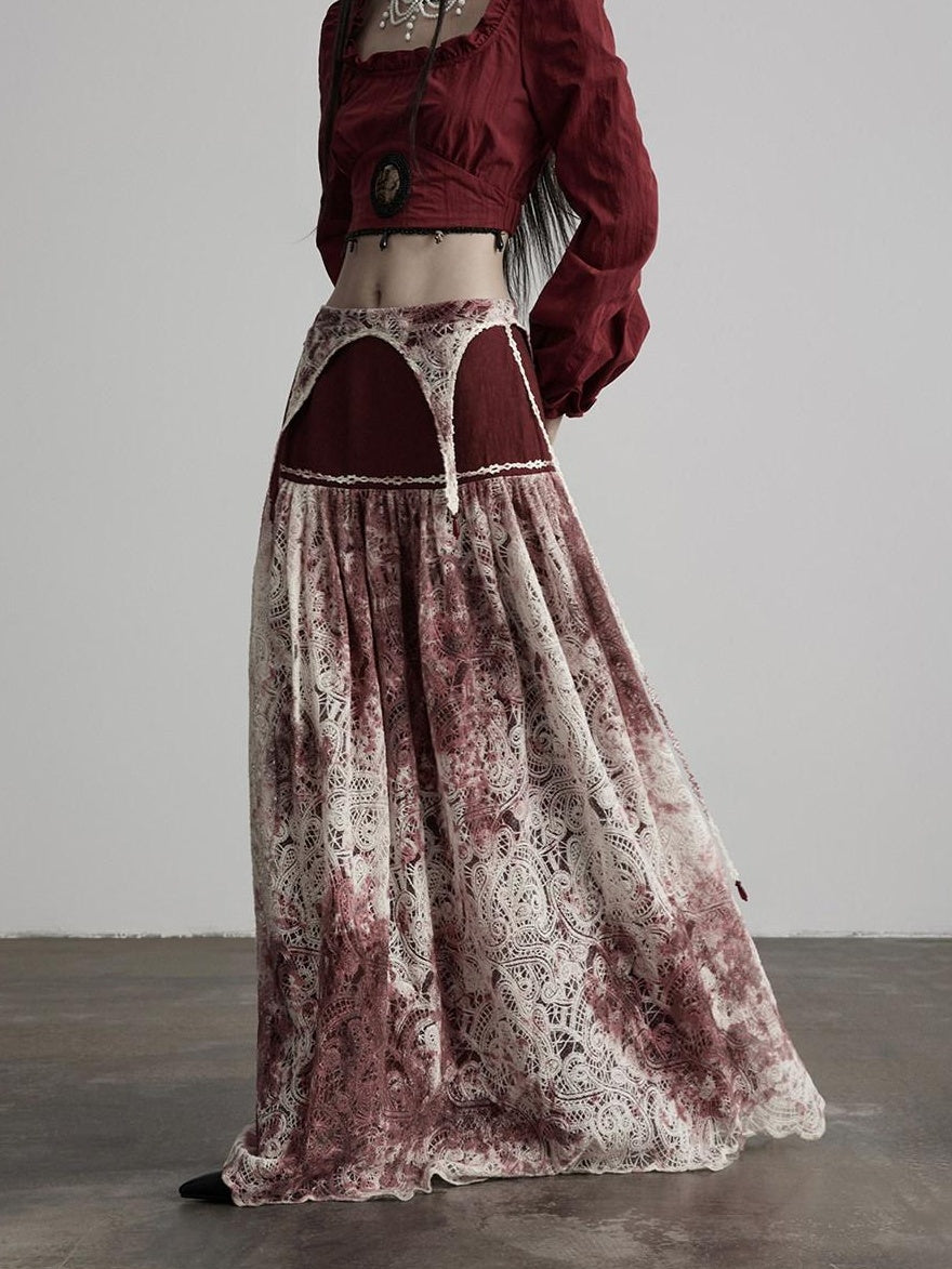 INDULGE Shape Retention Casual A Line Patchwork Lace Mid Rise Cotton Nylon Maxi Skirts