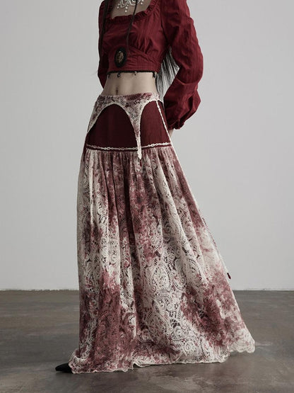 INDULGE Shape Retention Casual A Line Patchwork Lace Mid Rise Cotton Nylon Maxi Skirts