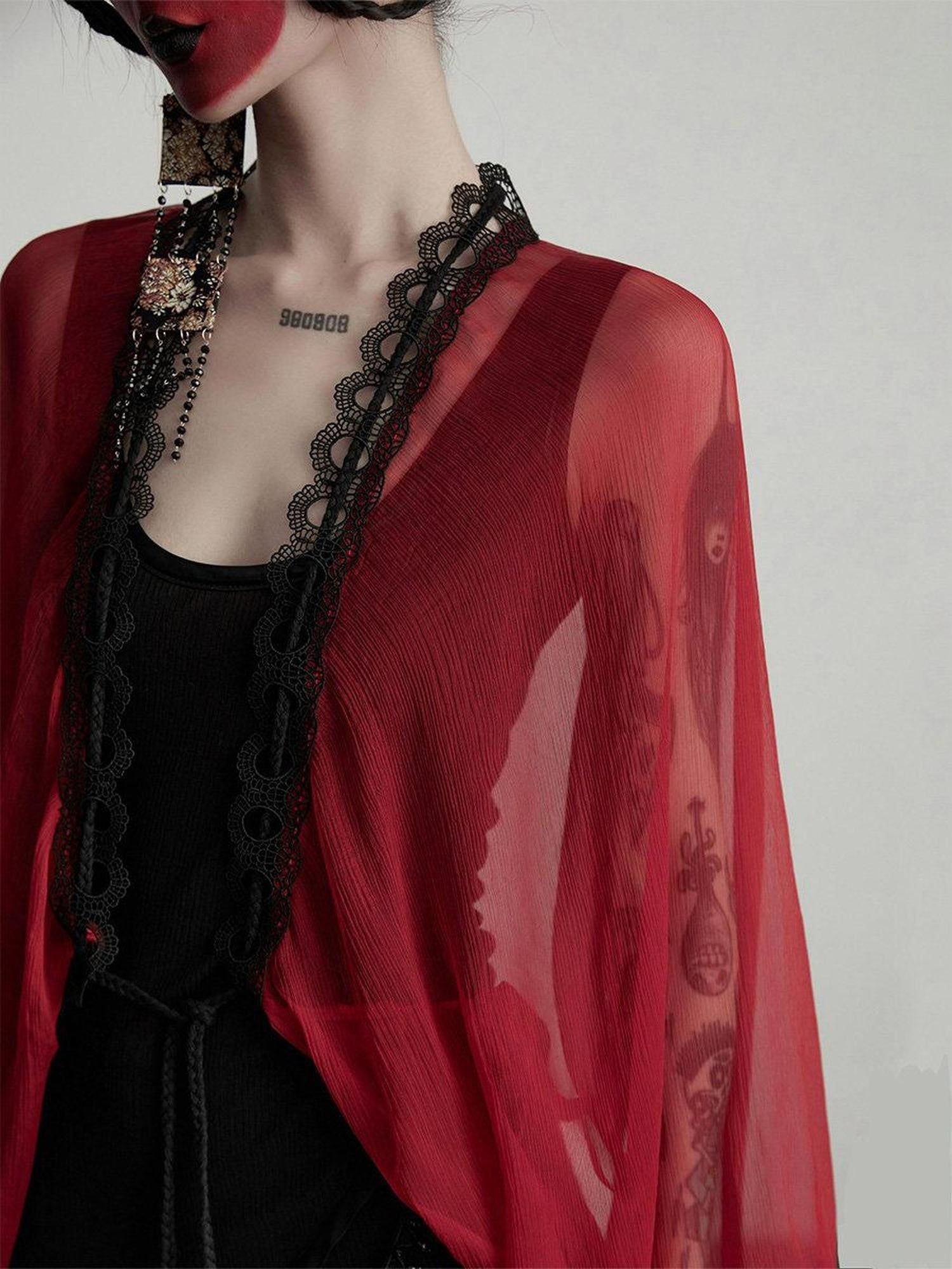 INDULGE Silk Ruffle Original Design Loose Fit Womens Red Longsleeve Overshirts