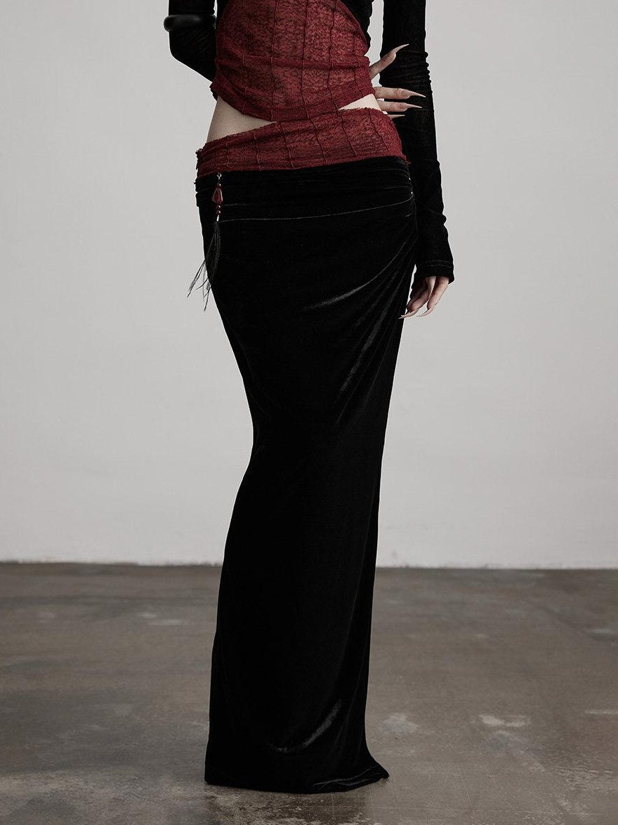 INDULGE Silk Velvet Fitted Mid Waist Elegant Straight Black Women Party Bodycon Skirts