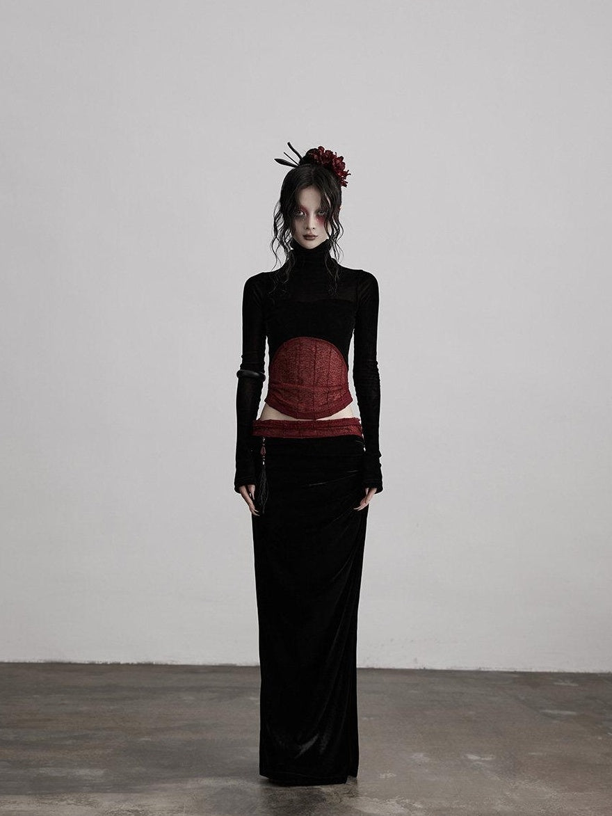 INDULGE Silk Velvet Fitted Mid Waist Elegant Straight Black Women Party Bodycon Skirts