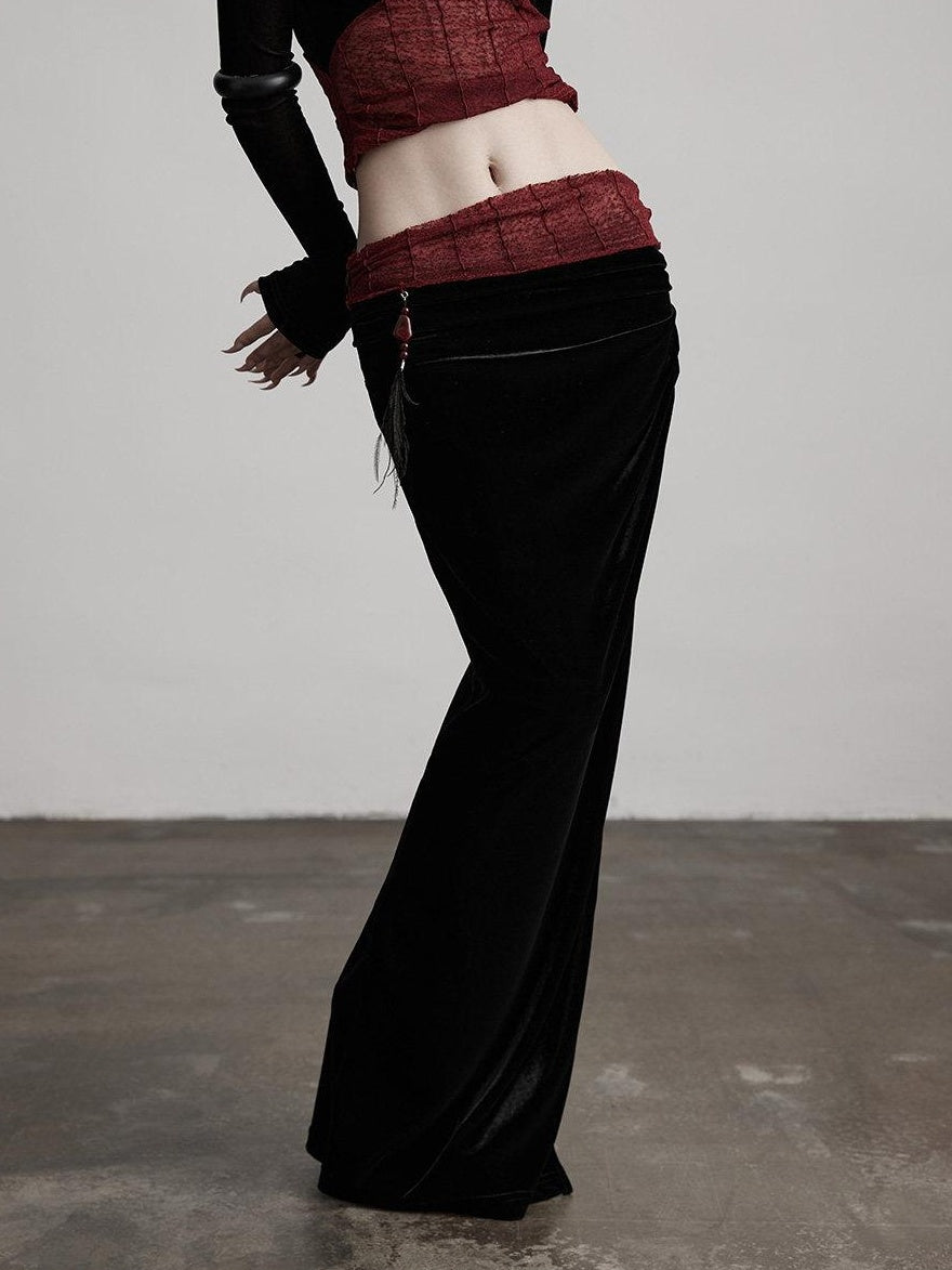 INDULGE Silk Velvet Fitted Mid Waist Elegant Straight Black Women Party Bodycon Skirts