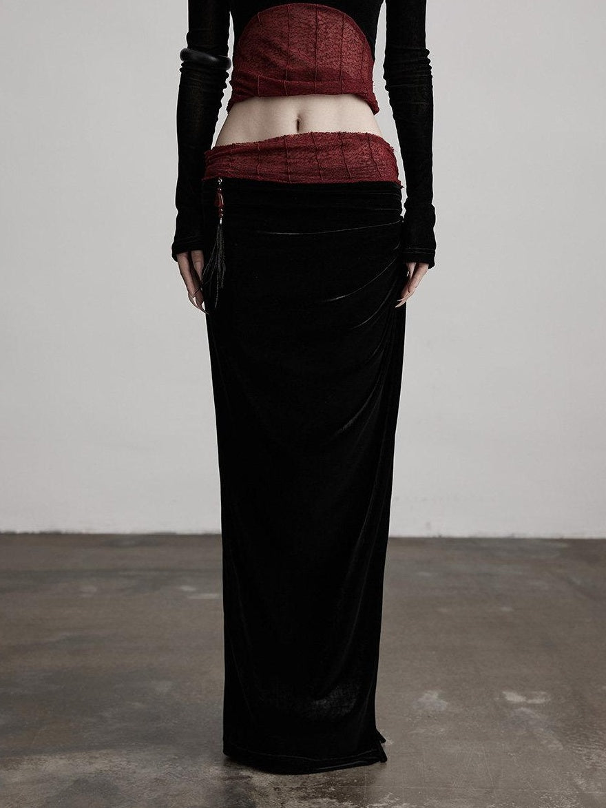 INDULGE Silk Velvet Fitted Mid Waist Elegant Straight Black Women Party Bodycon Skirts