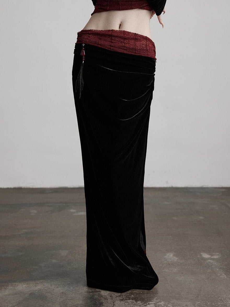 INDULGE Silk Velvet Fitted Mid Waist Elegant Straight Black Women Party Bodycon Skirts