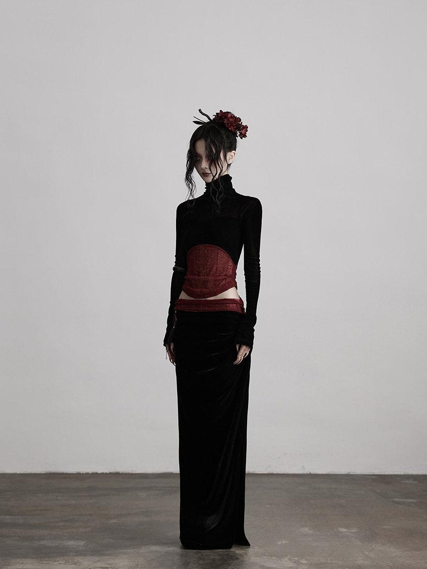 INDULGE Silk Velvet Fitted Mid Waist Elegant Straight Black Women Party Bodycon Skirts