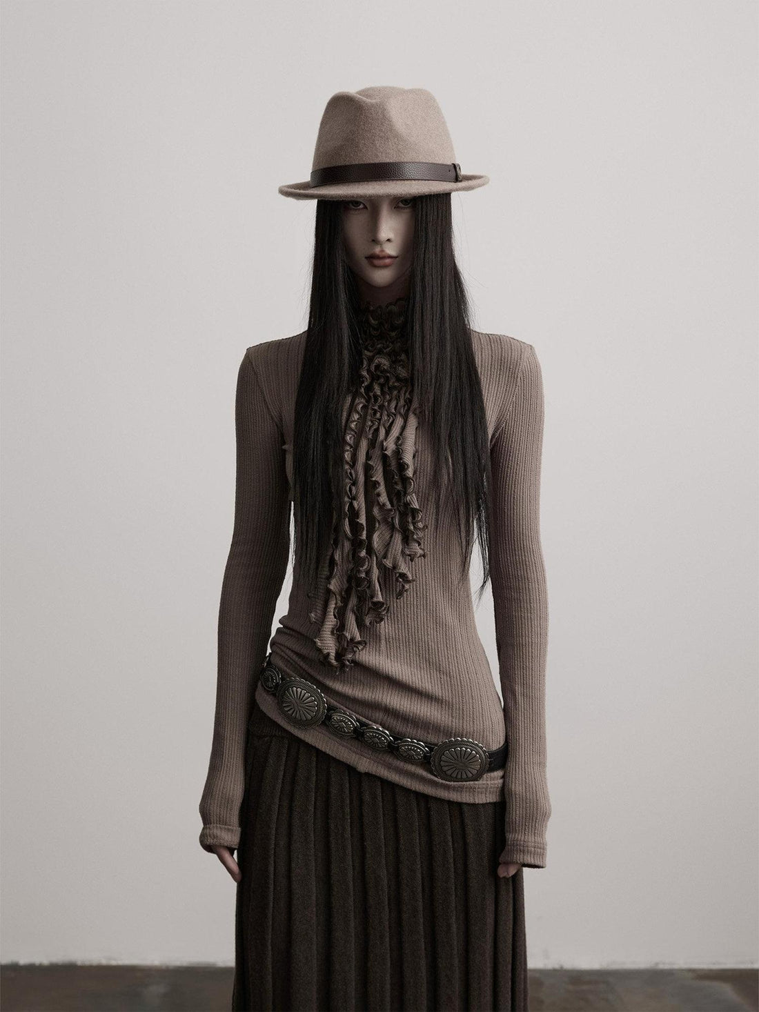 INDULGE Slim Dark Gothic Stretch Womens Grey Brown Long Sleeve T-Shirts