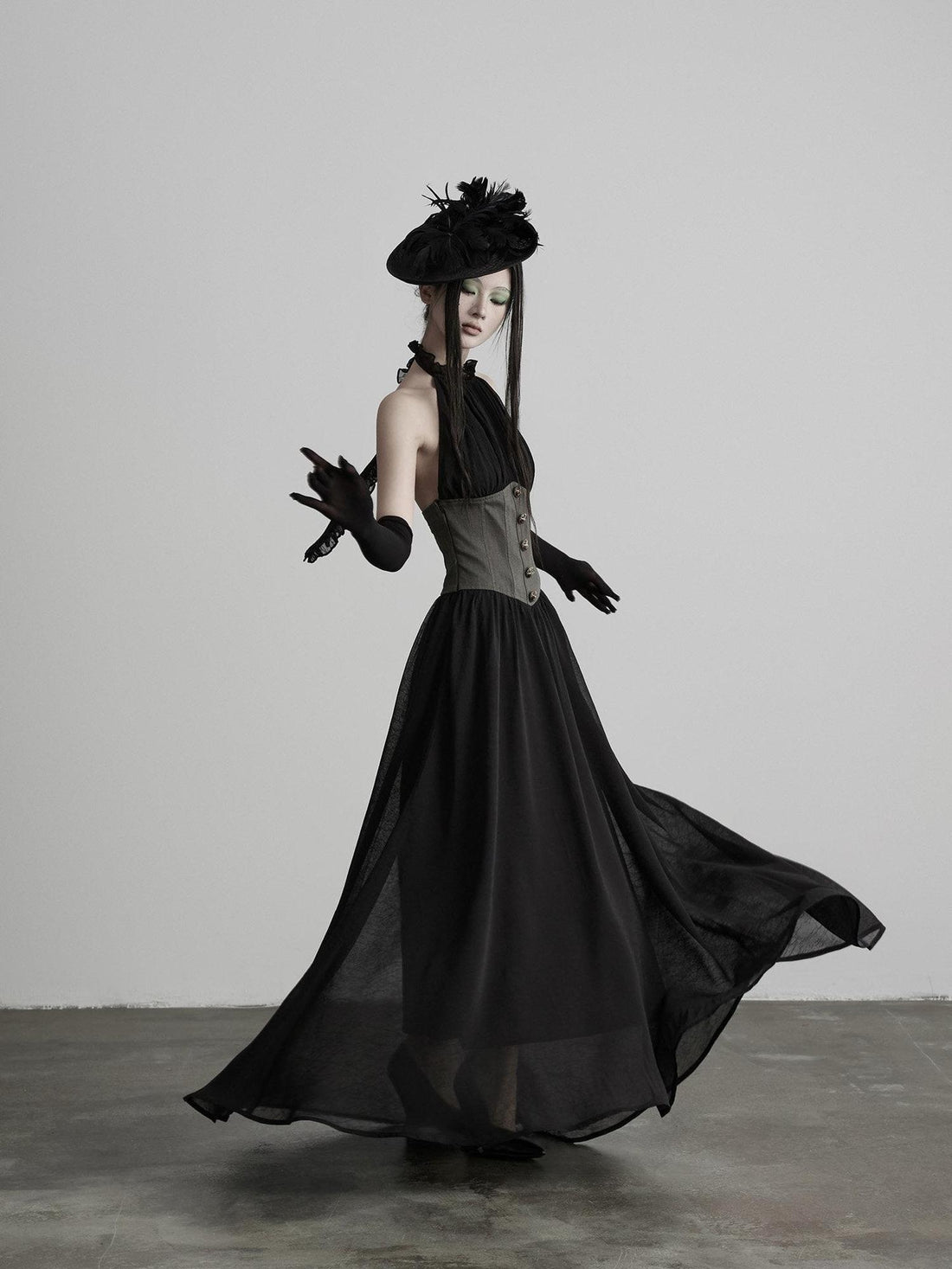 INDULGE Soft Casual A Line Patchwork Cinched Waist Ladies Black Halter Maxi Dresses