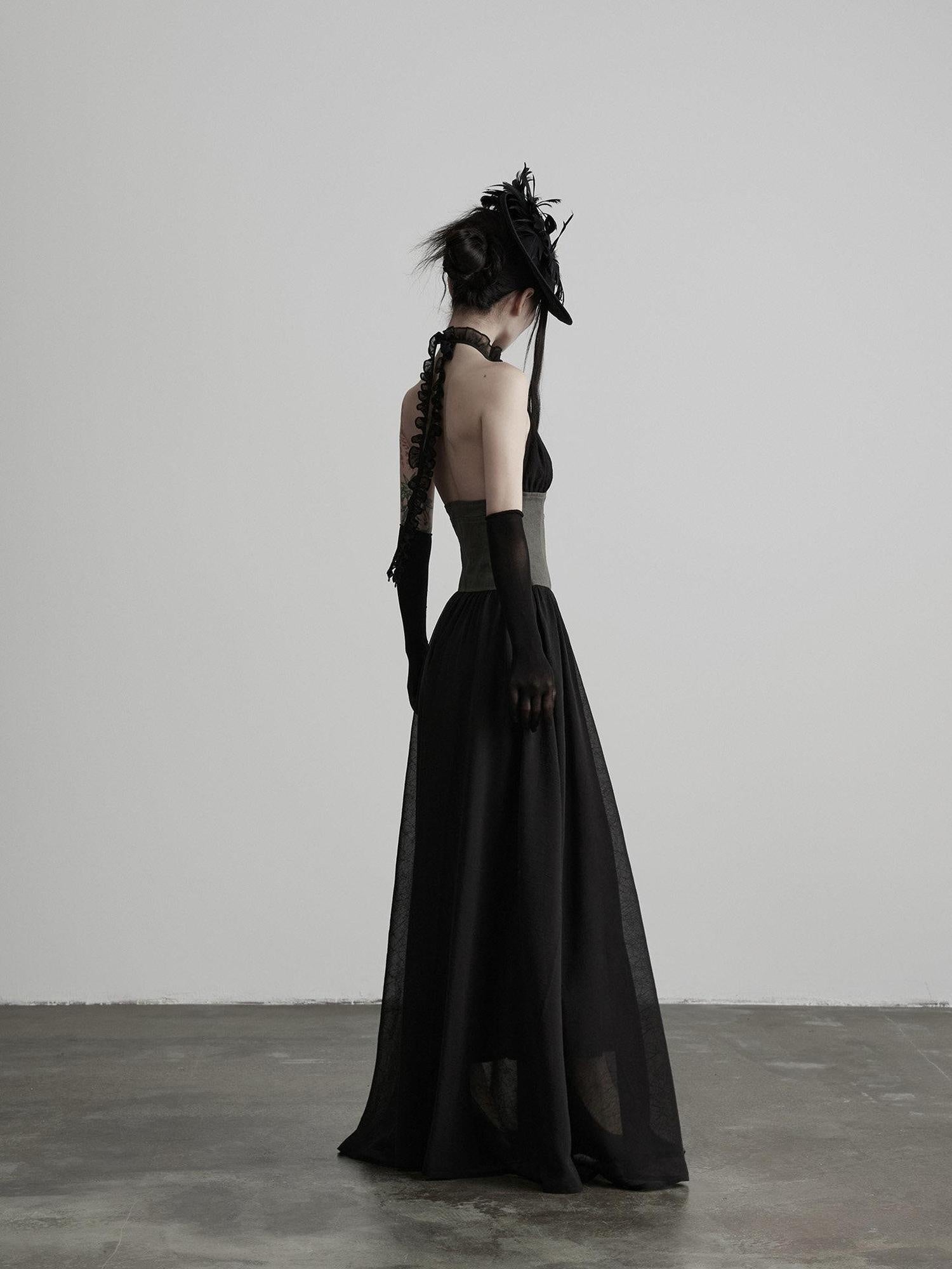 INDULGE Soft Casual A Line Patchwork Cinched Waist Ladies Black Halter Maxi Dresses